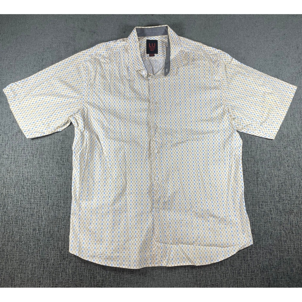Linea Uomo Mens 4XLT Blue Tan Diamond Geometric Stretch Short Sleeve Button Down